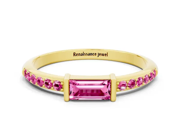 Baguette Pink Sapphire Pavé Band with Bar Setting Yellow gold