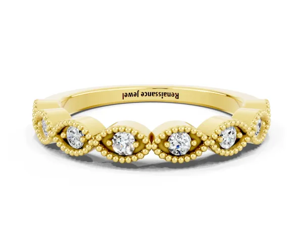Milgrain Marquise Moissanite Half Eternity Band with Bezel Setting Yellow gold