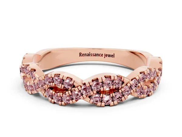 Round Morganite Twisted Eternity Band with Pavé and Shared Prong Setting Rose gold