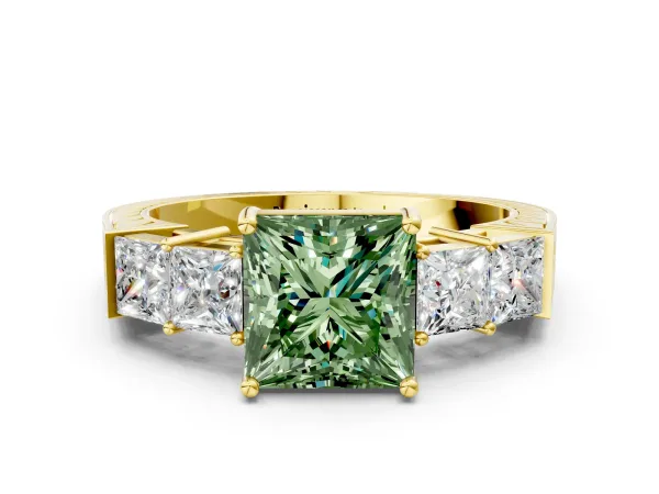 Fancy Green Princess Cut Solitaire Princess Side Stone Engraved Band Prong Setting Ring Yellow gold