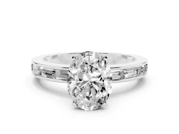 Oval Cut Solitaire Diamond Ring with Channel-Set Baguette Band and Four-Prong Setting White gold