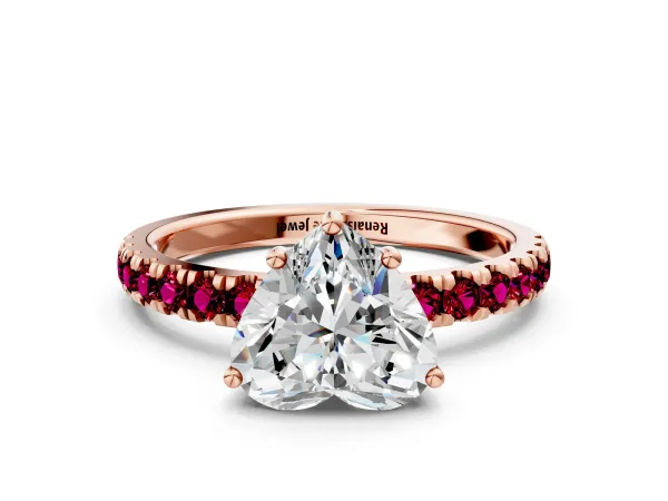 Heart Cut Diamond Pave Band Solitaire Ring with Round Garnet and Prong Setting Rose gold