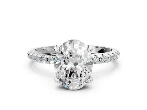 Oval Cut Diamond Hidden Halo Engagement Ring with Round Pavé Band and Prong Setting White gold
