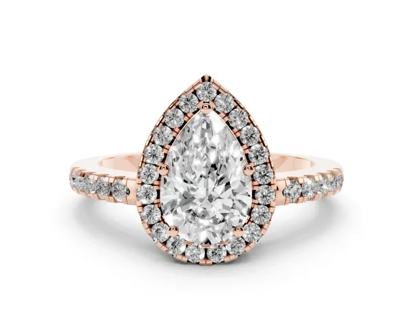 Pear Cut Halo Diamond Engagement Ring with Pavé Band and Four-Prong Setting Rose gold