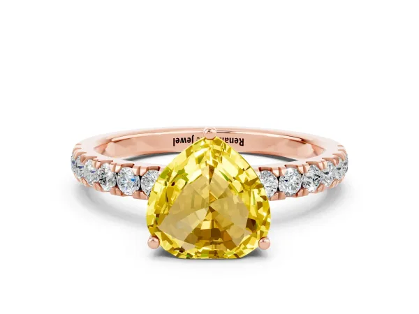 Heart Cut Yellow Sapphire Pave Band Solitaire Ring with Round and Prong Setting Rose gold