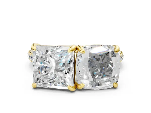 Cushion and Princess Toi Moi Ring with Prong Setting and Micro Pave Band Yellow gold
