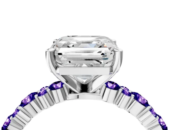 Asscher Cut Diamond Side Stone Solitaire Ring with Round Tanzanite and Four-Prong Setting Platinum