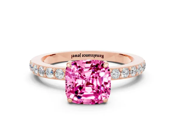 Cushion Cut Pink Sapphire Solitaire Engagement Ring with Pavé Band and Four-Prong Setting Rose gold