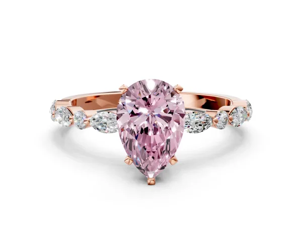 Fancy Pink Pear Cut Diamond Ring with Marquise and Round Side Stones and Four-Prong Setting Rose gold