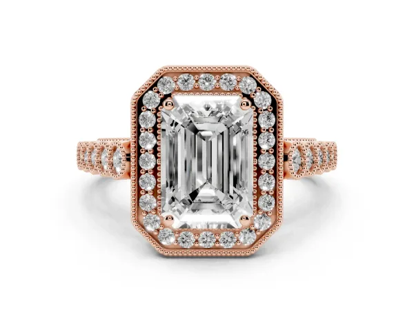 Emerald Cut Halo Milgrain Solitaire with Bezel Set Side Stones and Pave Band Rose gold