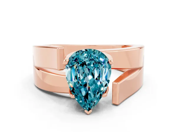 Modern Tension Set Pear Cut Blue Topaz Solitaire Wide Band Ring Rose gold