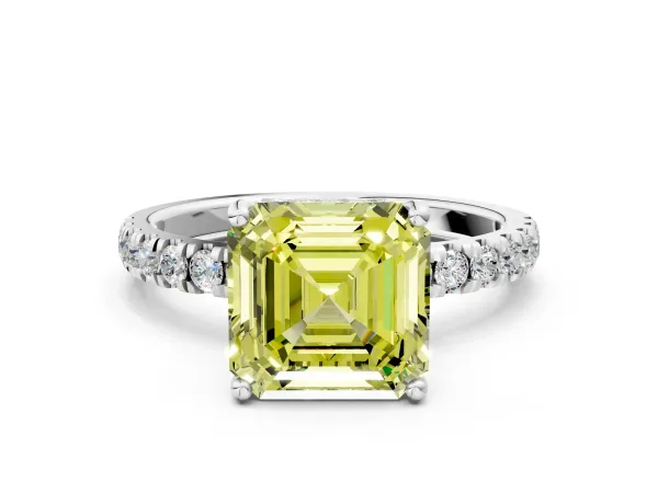 Fancy Yellow Asscher Cut Diamond Pave Band Solitaire Ring with Round and Prong Setting Platinum