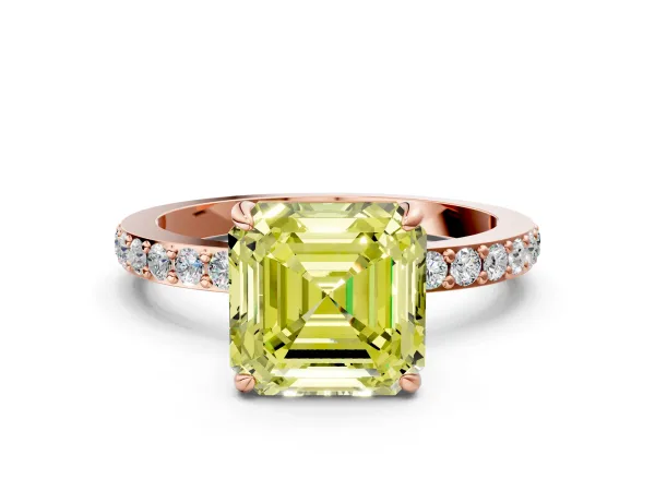 Fancy Yellow Asscher Cut Diamond Solitaire Engagement Ring with Pavé Band and Four-Prong Setting Rose gold