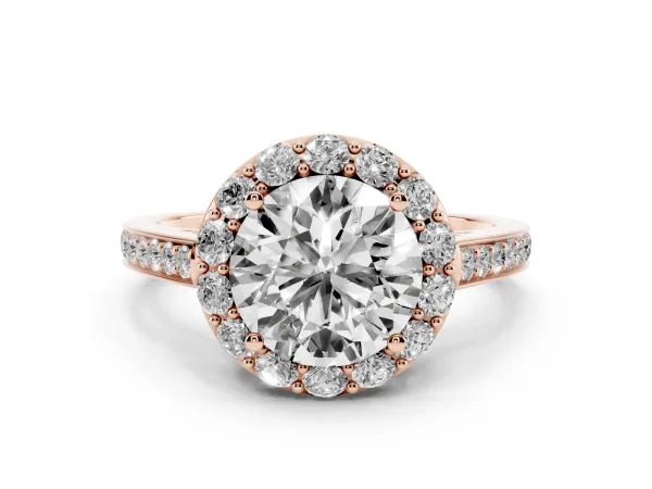 Round Cut Diamond Floral Halo Ring with Pavé Band and Prong Setting Rose gold