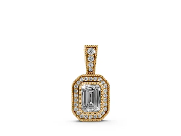 Emerald Cut Halo Diamond Pendant with Pavé Setting Yellow gold