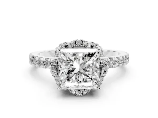 Princess Cut Halo Diamond Pave Band Ring with Four-Prong Setting Platinum