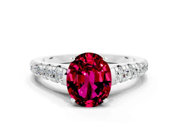 Oval Cut Garnet Cathedral Solitaire Ring with Round Pavé Band White gold