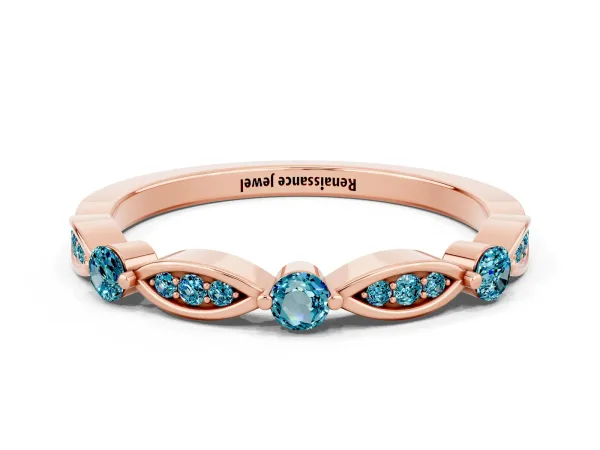 Marquise and Round Blue Topaz Milgrain Band with Bezel Setting Rose gold