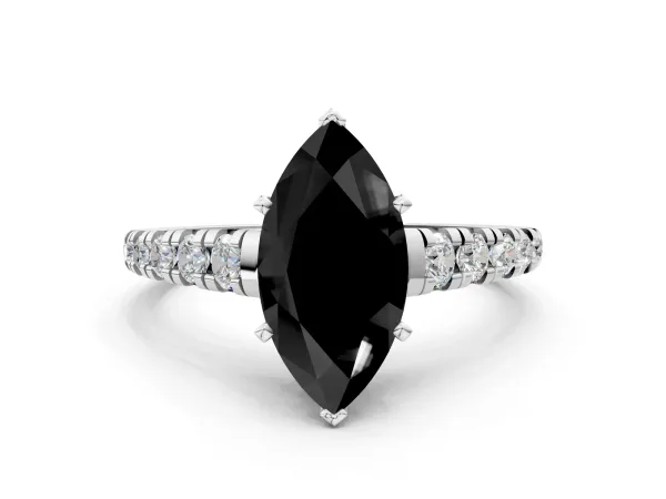 Fancy Black Marquise Cut Diamond Cathedral Solitaire Ring with Round Pavé Band White gold