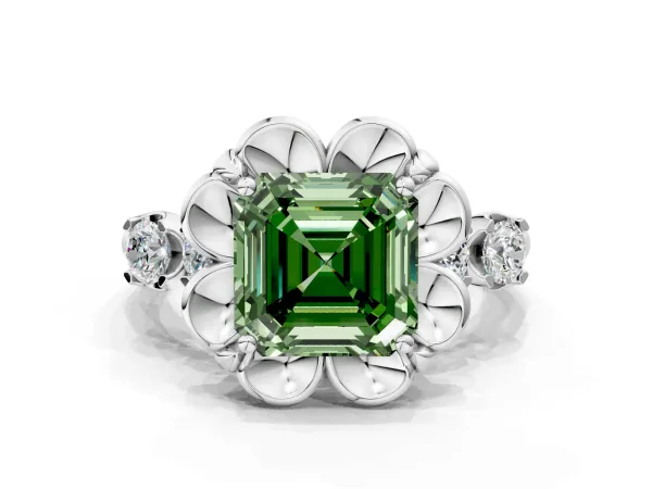 Fancy Green Asscher Cut Cut Diamond Floral Halo Engagement Ring with Shared Prong Setting Platinum