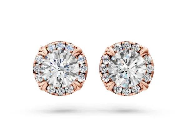 Round Cut Diamond Halo Stud Earrings with Pavé Accents Rose gold