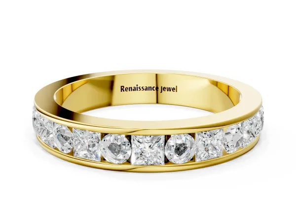 Princess Diamond Channel Set Promise Ring with Round Diamond Accents Yellow gold