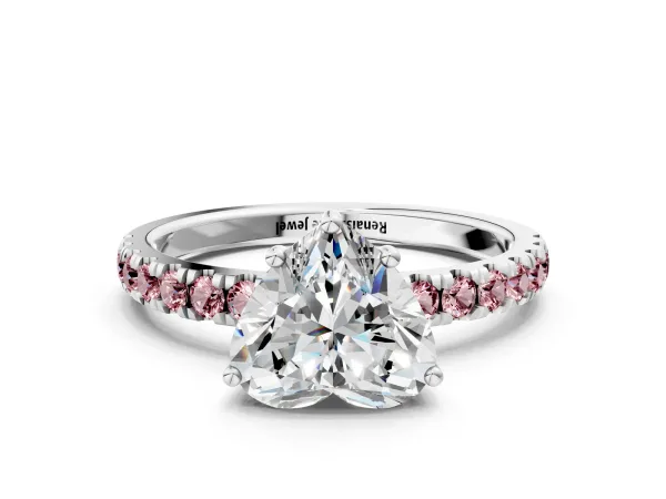 Heart Cut Diamond Pave Band Solitaire Ring with Round Morganite and Prong Setting Platinum