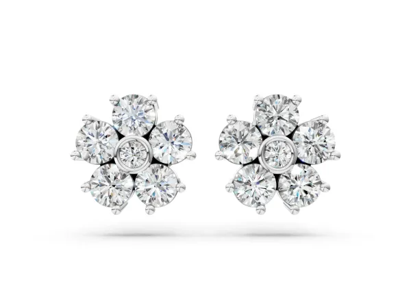 Round Diamond Flower Stud Earrings with Diamond Accent Platinum