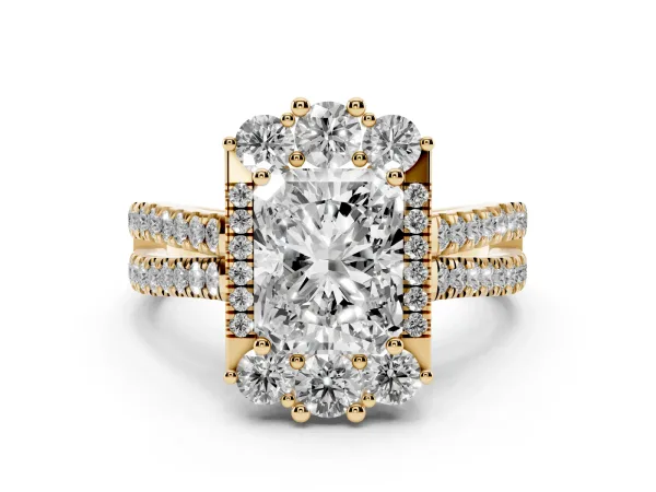 Radiant Cut Cut Halo Split Shank Ring with Prong Setting Yellow gold