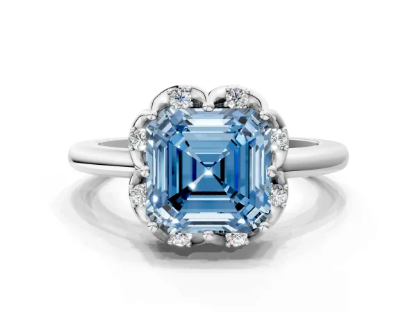 Fancy Blue Asscher Cut Halo Diamond Ring with Round Cluster Setting, Solitaire Band, and Four-Prong Setting Platinum