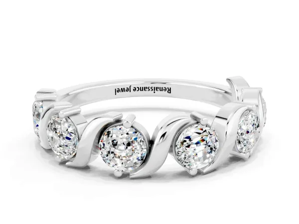 Six-Stone Round Moissanite Wave Band with Shared Prong Setting Platinum