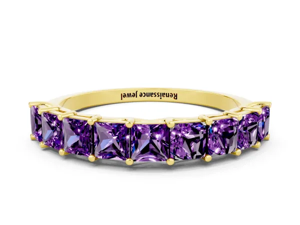 Princess Cut Amethyst Channel-Set Eternity Band with Prong Setting Yellow gold
