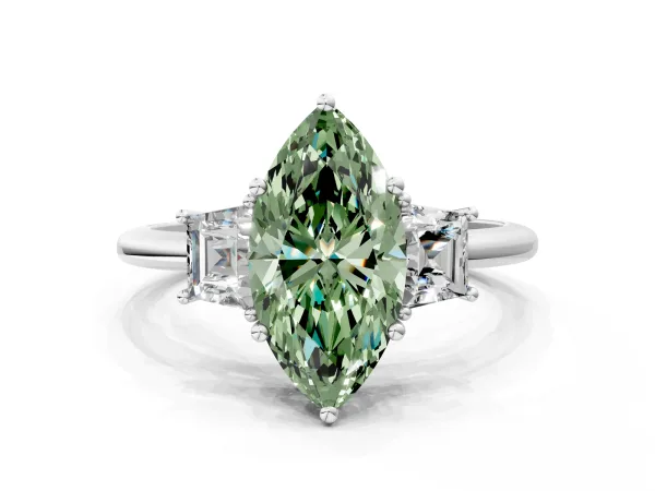 Fancy Green Marquise Cut Diamond Three-Stone Ring with Trapezoid Side Stones and Prong Setting Platinum