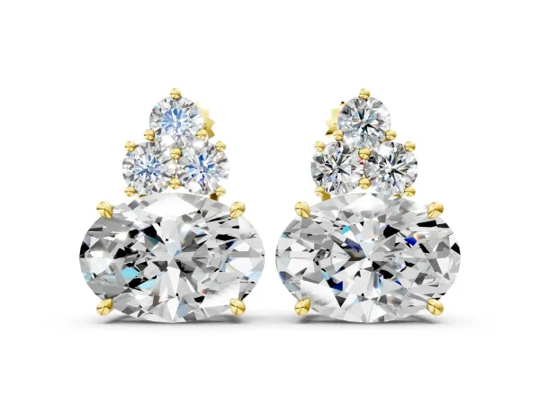 East-West Oval Diamond Cluster Stud Earrings with Round Diamond Accents Yellow gold