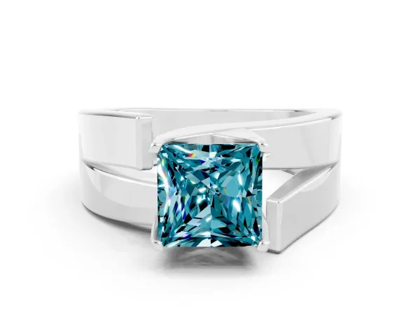Modern Tension Set Princess Cut Blue Topaz Solitaire Wide Band Ring Platinum