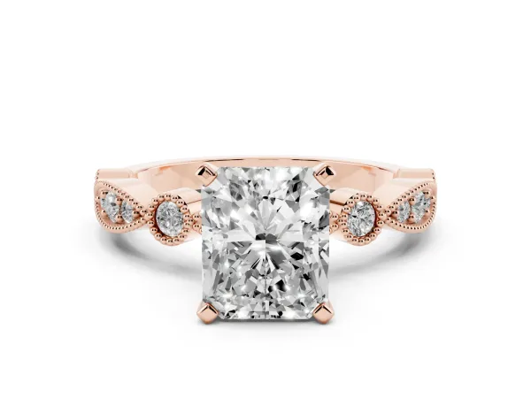 Radiant Cut Milgrain Bezel Diamond Engagement Ring with Solitaire Prong Setting Rose gold