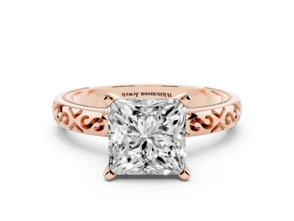 Princess Cut Solitaire Engagement Ring with Scrollwork Band and Four-Prong Setting Rose gold