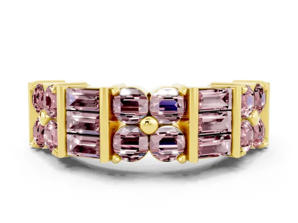 Channel Set Round and Baguette Morganite Anniversary Band with Prong Setting Yellow gold