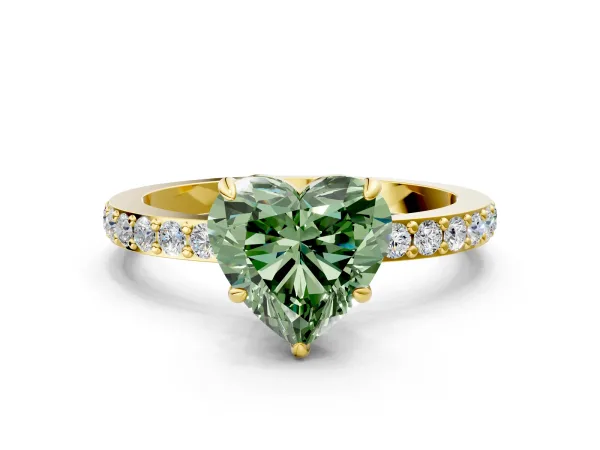 Fancy Green Heart Cut Diamond Solitaire Engagement Ring with Pavé Band and Four-Prong Setting Yellow gold