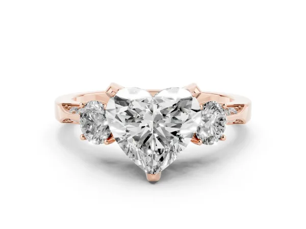 Heart Cut Brilliant Three-Stone Diamond Ring with Pavé Band and Four-Prong Setting Rose gold