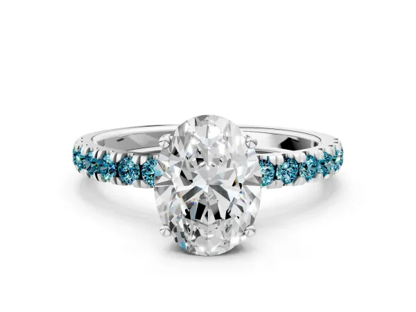 Oval Cut Diamond Pave Band Solitaire Ring with Round Blue Topaz and Prong Setting White gold