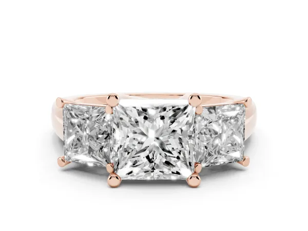 Three-Stone Princess Cut Cut Diamond Engagement Ring with Channel Set Band and Four-Prong Setting Rose gold
