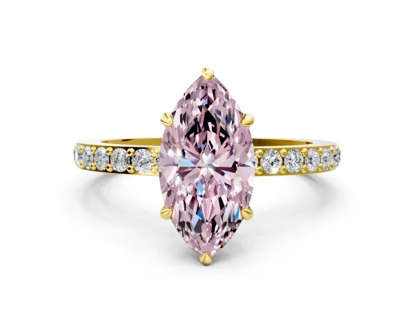 Fancy Pink Marquise Cut Diamond Solitaire Engagement Ring with Pavé Band and Four-Prong Setting Yellow gold