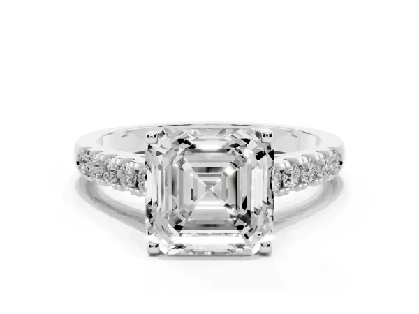 Asscher Cut Diamond Pavé Band Solitaire Ring with Prong Setting Platinum