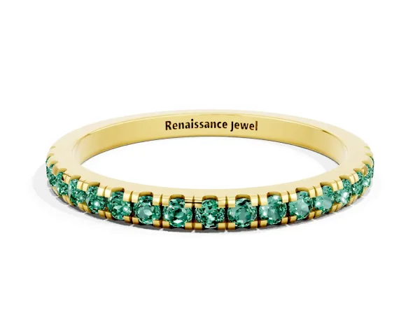 Pavé Round Green Sapphire Half Eternity Band with Shared Prong Setting Yellow gold