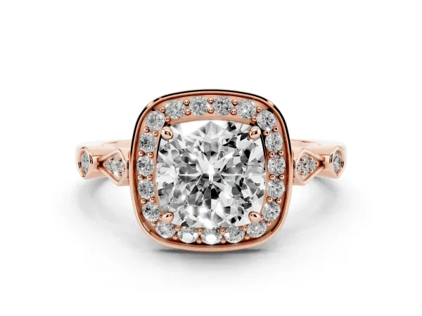 Cushion Cut Halo Diamond Engagement Ring with Twisted Band and Four-Prong Setting Rose gold