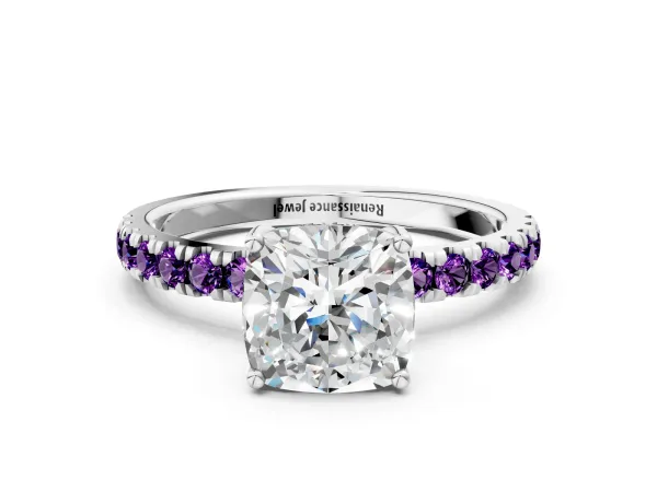 Cushion Cut Diamond Pave Band Solitaire Ring with Round Amethyst and Prong Setting Platinum