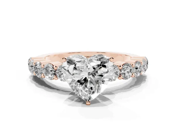Heart Cut Diamond Solitaire Ring with Shared Prong Round Side Stones Rose gold