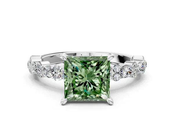 Fancy Green Princess Cut Diamond Side Stone Solitaire Ring with Round and Four-Prong Setting Platinum