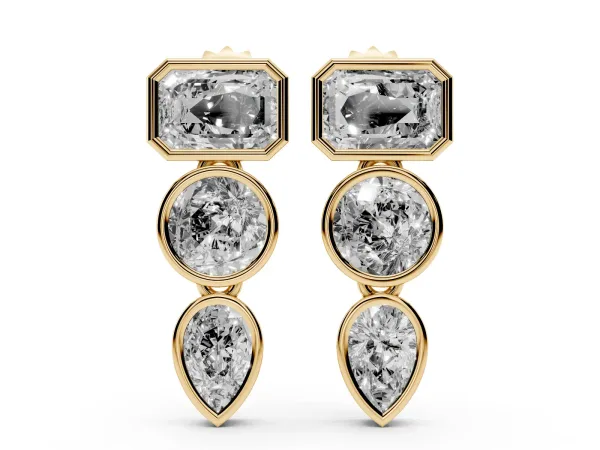 Emerald, Round and Pear Diamond Bezel Drop Earrings Yellow gold